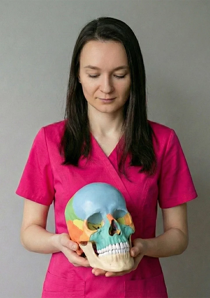 Anna Sędkowska z modelem czaszki – fizjoterapia stomatologiczna w Brwinowie